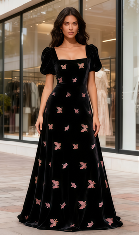 Square Neck Butterfly Black Short Sleeve Velvet A Line Prom Dress