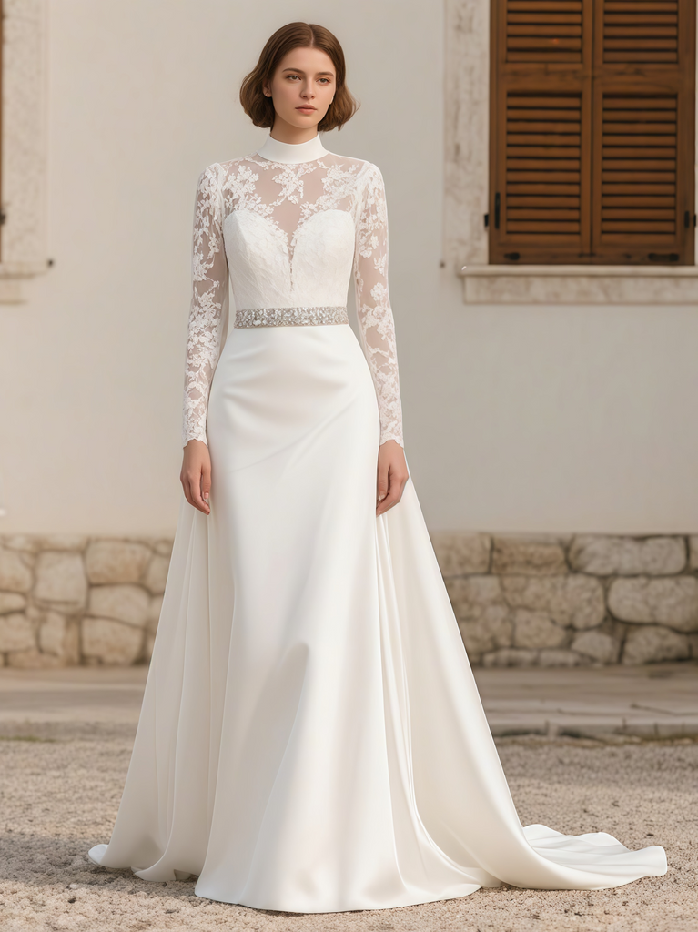 Long Sleeves Lace Beading Trumpet Mermaid High Neck Wedding Dress US2 / White Long Sleeves Lace Beading Trumpet Mermaid High Neck Wedding Dress US2 / White