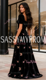 Square Neck Butterfly Black Short Sleeve Velvet A Line Prom Dress