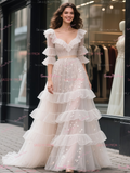 Sequin Tulle A Line Ruffles V Neck Wedding Dress With Belt
