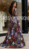 A Line V Neck Floral Sequin Long Sleeve Prom Dress