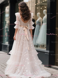Sequin Tulle A Line Ruffles V Neck Wedding Dress With Belt