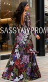 A Line V Neck Floral Sequin Long Sleeve Prom Dress