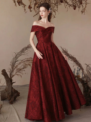 Off-Shoulder Red Lace A Line Prom Dress