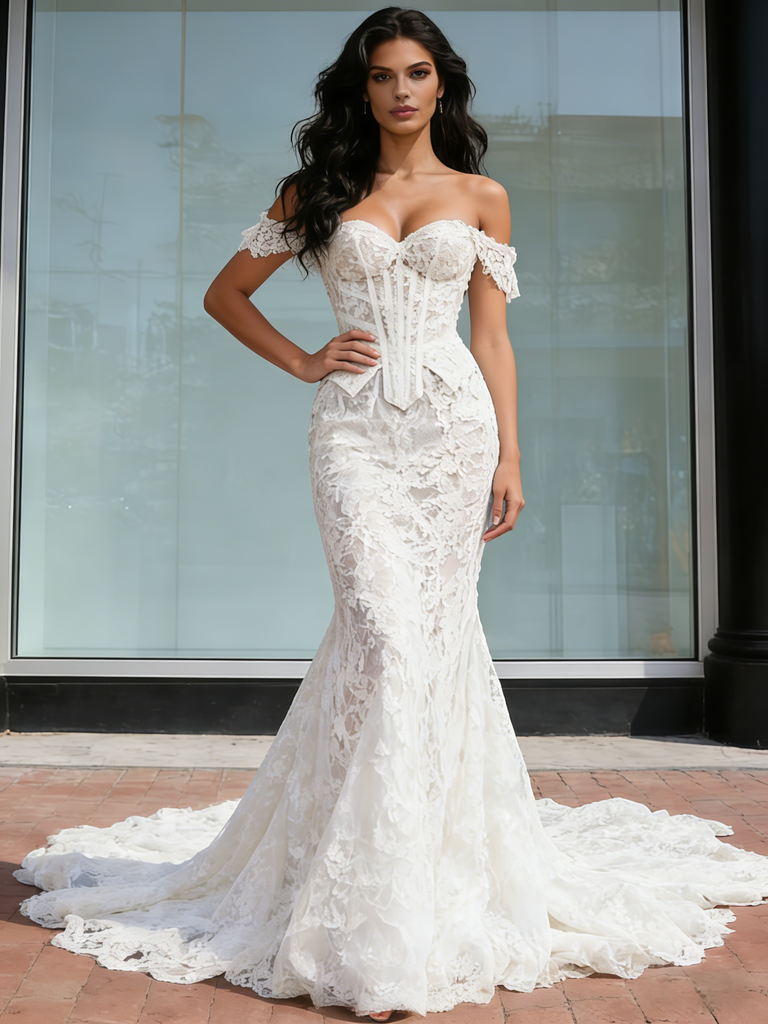 Mermaid Appliqued Sweetheart Boho Wedding Dress With Court Train US10 / White Mermaid Appliqued Sweetheart Boho Wedding Dress With Court Train US10 / White