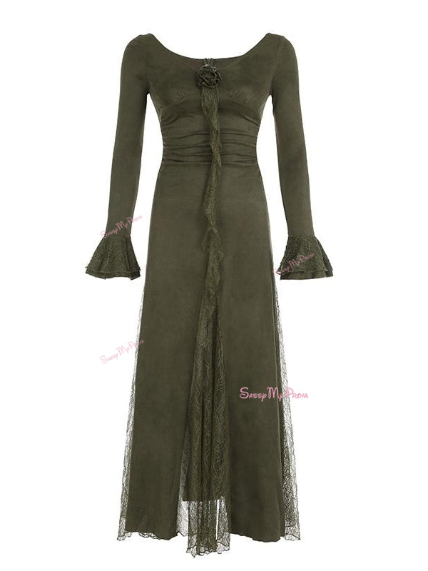 Flared Sleeves Wrap Olive Green Dress S Flared Sleeves Wrap Olive Green Dress S