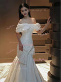 Off The Shoulder Trumpet Mermaid Satin Bow Wedding Dress