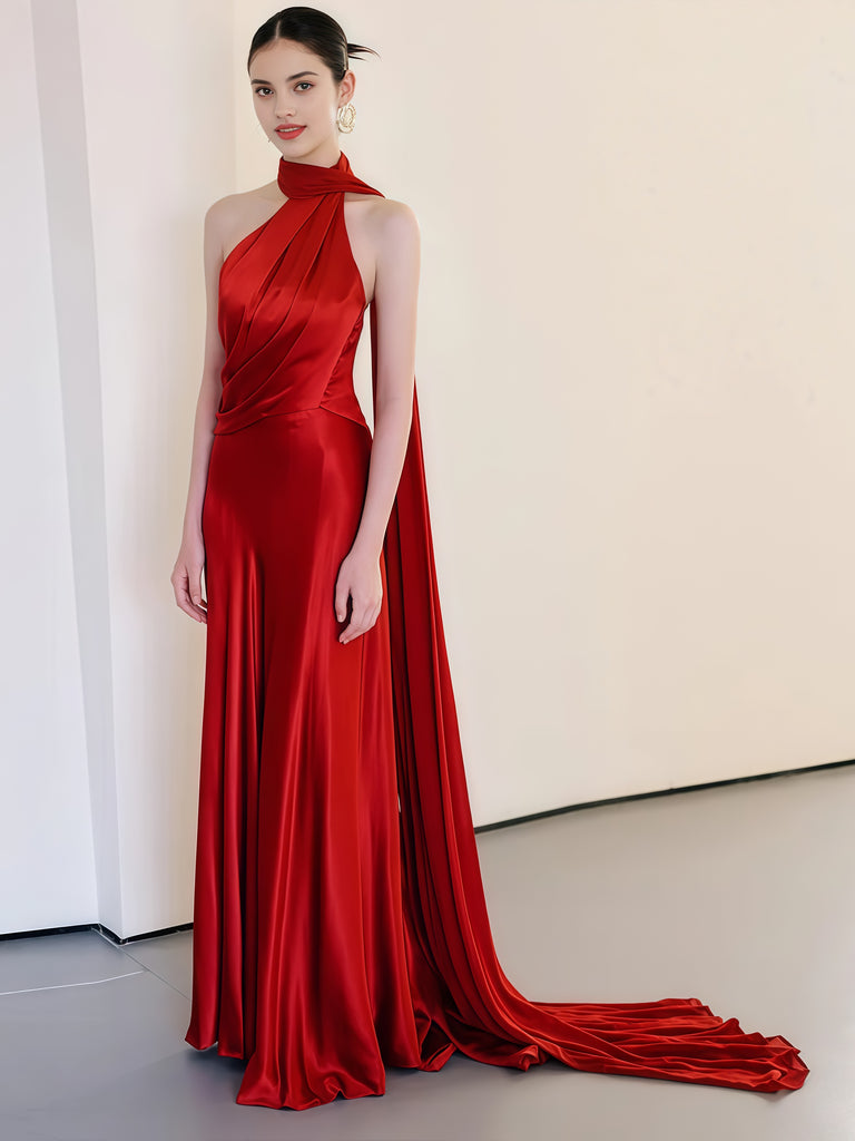 Ruched Satin A Line Red Halter Cape Satin Prom Dress US4 / Gray Ruched Satin A Line Red Halter Cape Satin Prom Dress US4 / Gray