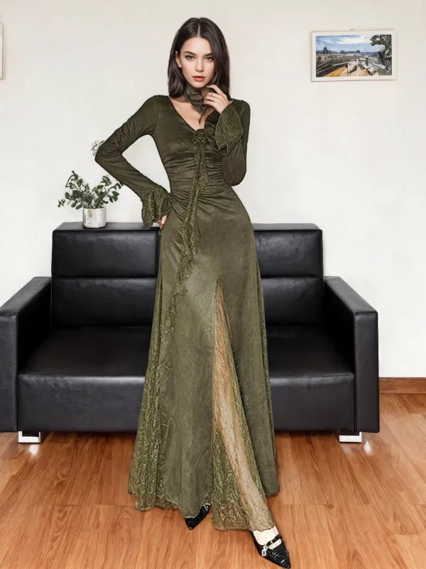 Flared Sleeves Wrap Olive Green Dress S Flared Sleeves Wrap Olive Green Dress S