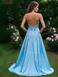 Appliques V Neck Light Blue Prom Dress