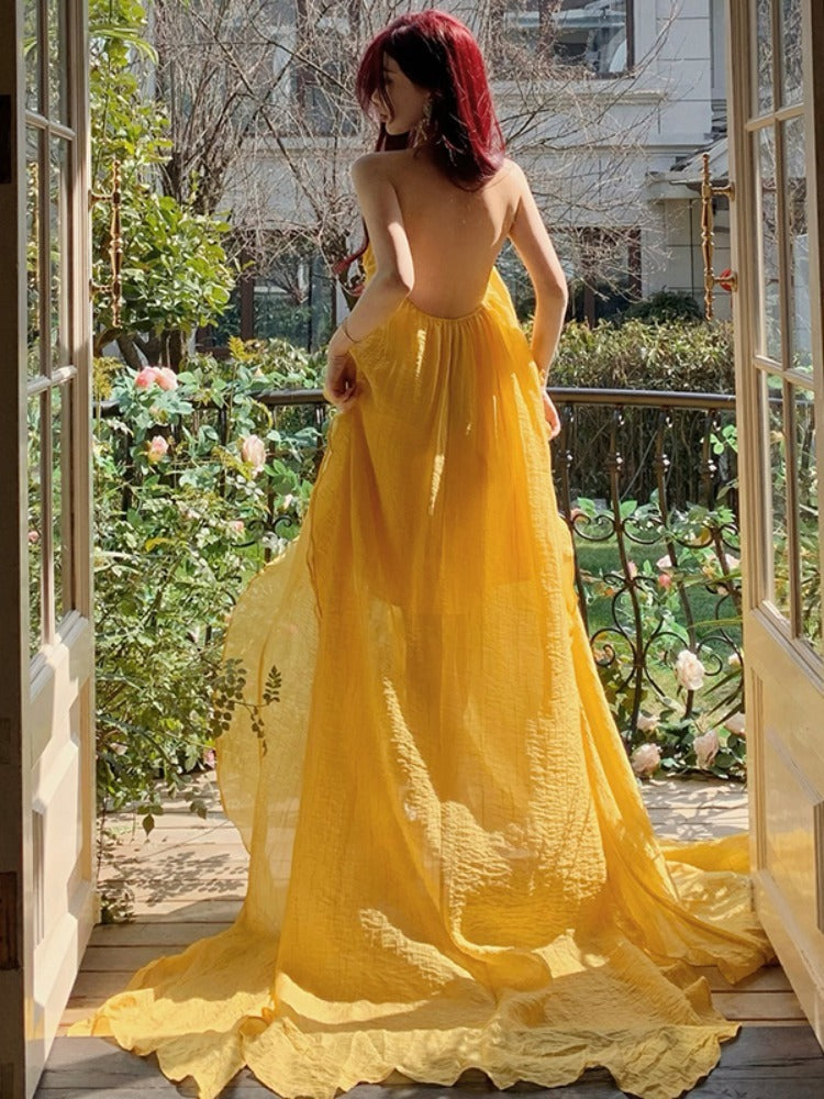 yellow strapless maxi dress Yellow Strapless Ruffled Layers Maxi Dress – Sassymyprom