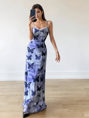 Floor-Length Comfortable Butterfly Print Dress