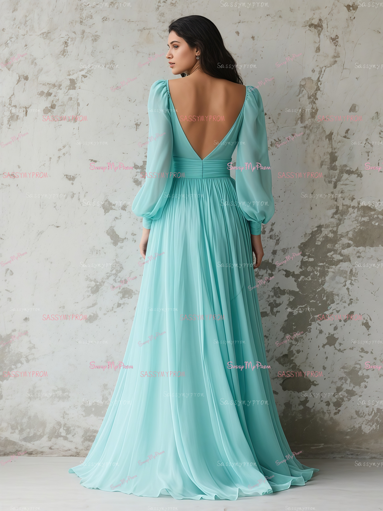 Long Sleeve A Line V Neck Chiffon Bridesmaid Dress With Slit US2 / Gray
