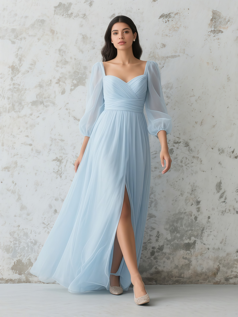 Chiffon A Line Light Blue Long Sleeve Bridesmaid Dress With Slit Sassymyprom Chiffon A Line Light Blue Long Sleeve Bridesmaid Dress With Slit Sassymyprom