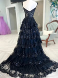 Navy Blue Lace Layered A Line  Prom Dress