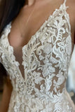 Champagne Appliques A Line V Neck Tulle Wedding Dress