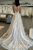 Champagne Appliques A Line V Neck Tulle Wedding Dress