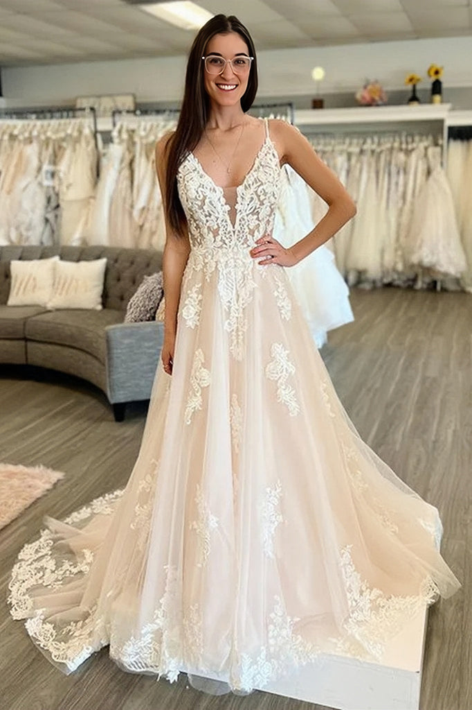 2023 Champagne Appliques A Line V Neck Tulle Wedding Dress Sassymyprom