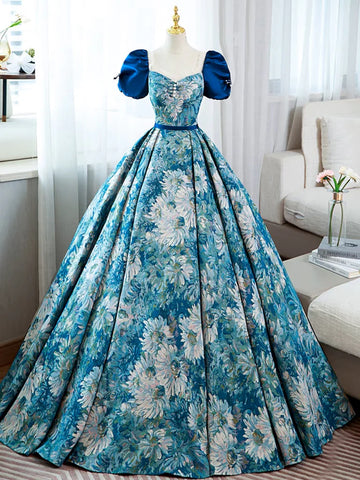 Blue Floral Short Sleeves Ball Gown Prom Dress