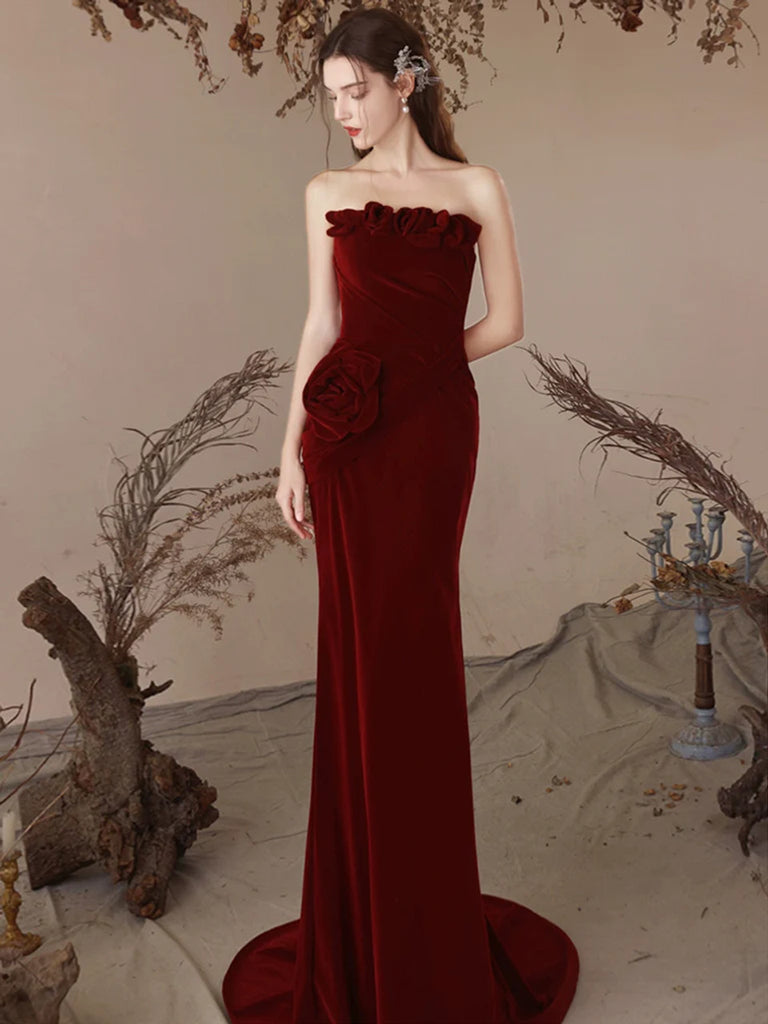 Burgundy Flower Strapless Mermaid Velvet Prom Dress US4 / Green Burgundy Flower Strapless Mermaid Velvet Prom Dress US4 / Green
