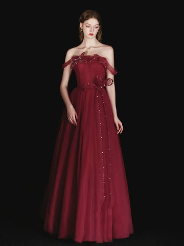 Burgundy Off The Shoulder Pearls Tulle Prom Dress
