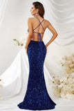Backless Royal Blue Sequin Long Prom Dress with Slit