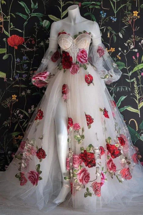 floral champagne prom dress Gorgeous Off Shoulder Champagne Lace Floral Prom Dress Forml Dress US6 / As Picture