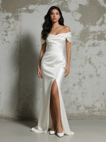 Off The Shoulder Trumpet Mermaid Satin Wedding Dress With Slit