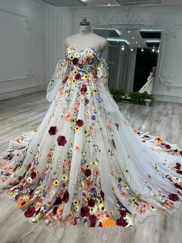 White Floral Sweetheart Long Sleeves Ball Gown Prom Dress