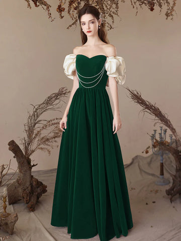 Short Sleeve Velvet Green A-Line Sweetheart Prom Dress