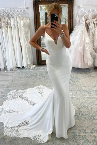 White Satin Appliques V Neck Mermaid Backless Wedding Dress