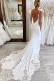 White Satin Appliques V Neck Mermaid Backless Wedding Dress