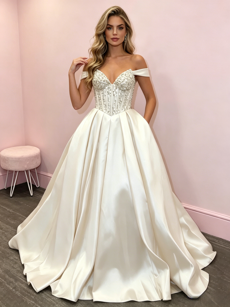 Beige Off The Shouler Beading A Line Satin Prom Dress – Sassymyprom