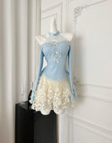 Puffy Lace Mini Skirt Light Blue Long Seeved Top