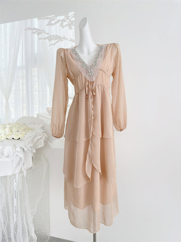Beaded Long Sleeves Tiered Beige Dress