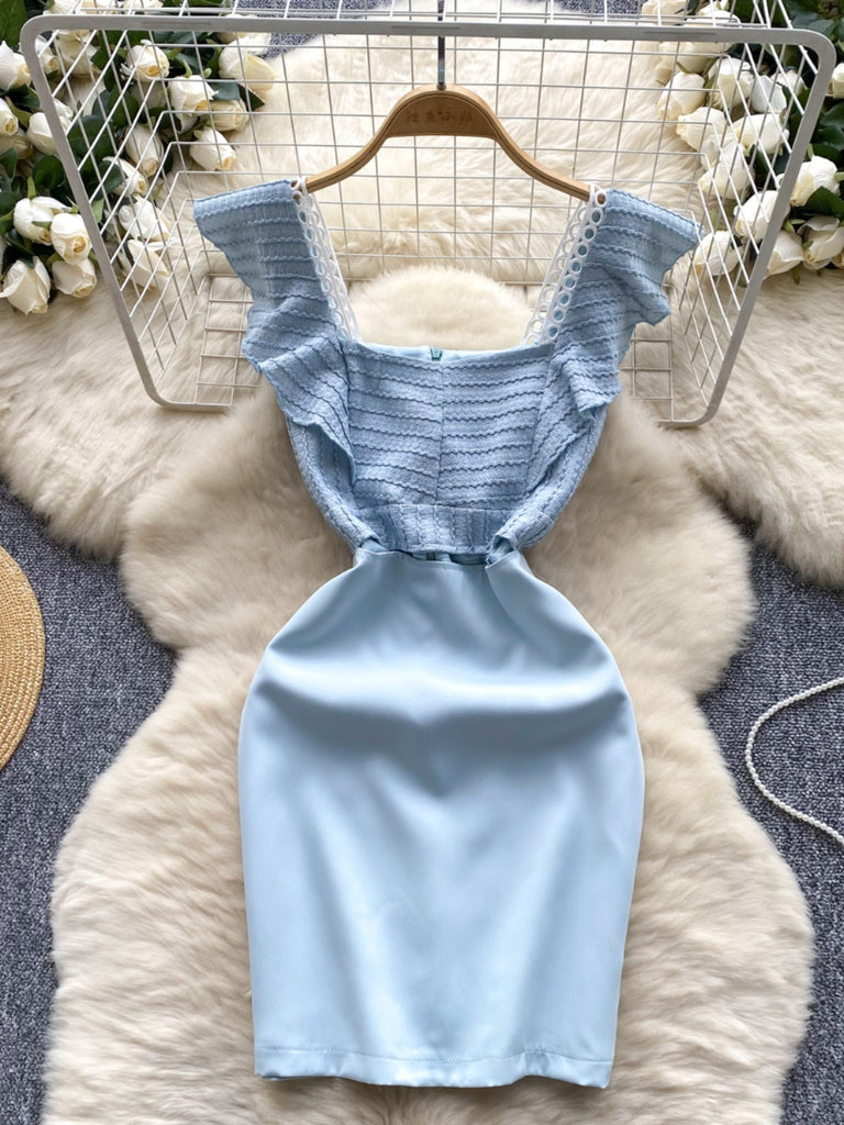Crochet Lace Ruffle Sleeves Light Blue Bodycon Dress Sassymyprom Crochet Lace Ruffle Sleeves Light Blue Bodycon Dress Sassymyprom