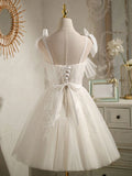 White Tulle Appliques Bow Homecoming Dress