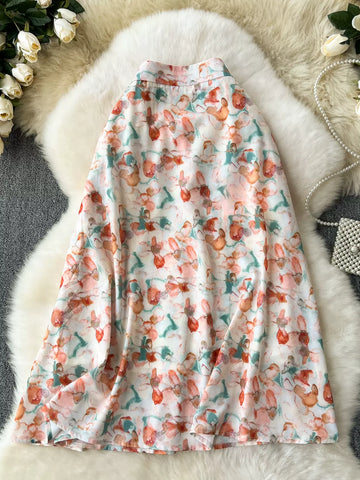 Artistic Floral Print Flowing Midi Skirt