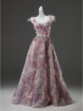 Tulle Tie Shoulder A Line Purple Flowers Prom Dress