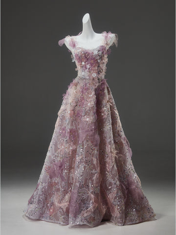 Tulle Tie Shoulder A Line Purple Flowers Prom Dress