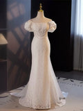 Trumpet Mermaid Puffy Sleeves  Wedding Dress With Detachable Train