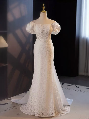 Trumpet Mermaid Puffy Sleeves  Wedding Dress With Detachable Train
