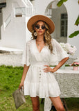 Lace V Neck Backless Crochet Ruffle Mini Dresses