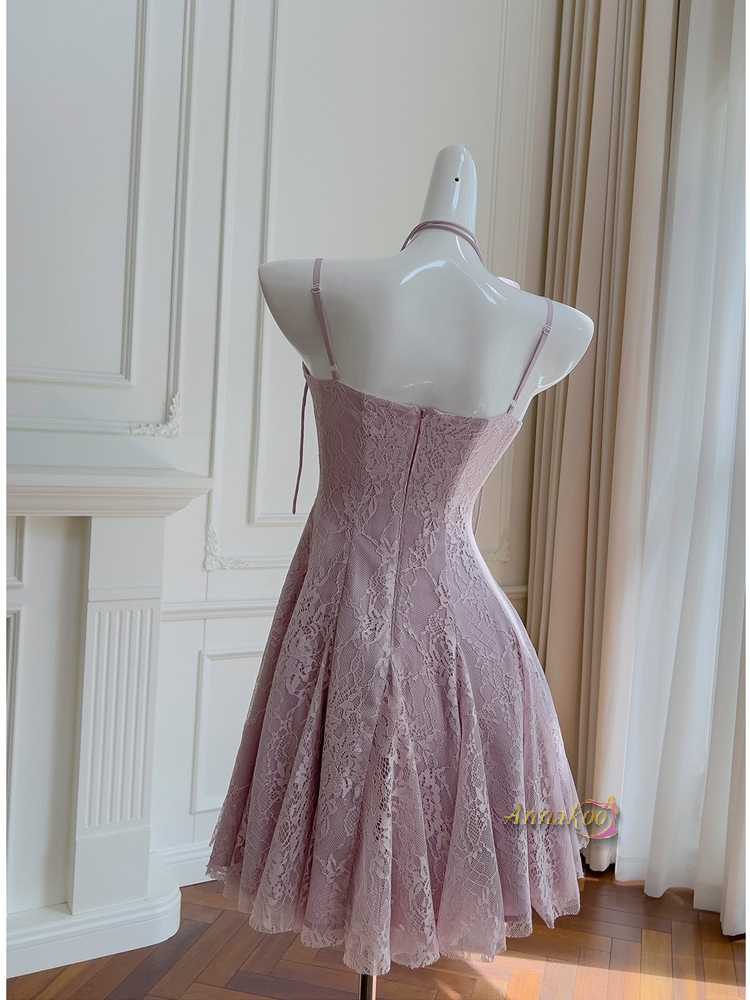 A Line Halter Flower Short Mini Purple Lace Homecoming Dress US6 / Green