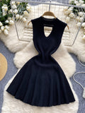 Ribbed Texture Sleek Black Flare Skirt Dress