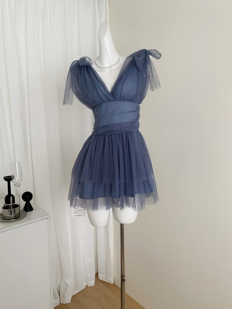 V NecK Navy Blue Mesh Mini Dress M