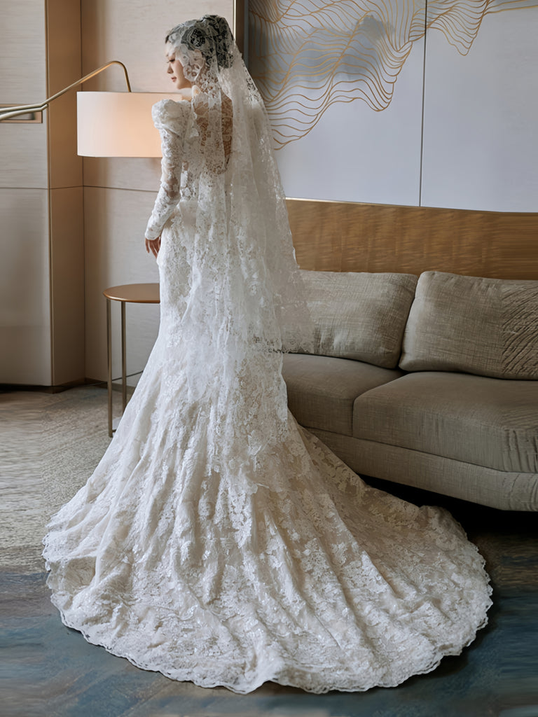 V Neck Lace Trumpet Mermaid Long Sleeve Wedding Dress Custom Made / White V Neck Lace Trumpet Mermaid Long Sleeve Wedding Dress Custom Made / White