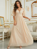 Burgundy  Puff Sleeve Chiffon Bridesmaid Dress