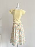Yellow Peter Pan Collar Crop Top Floral Printed Midi Skirt