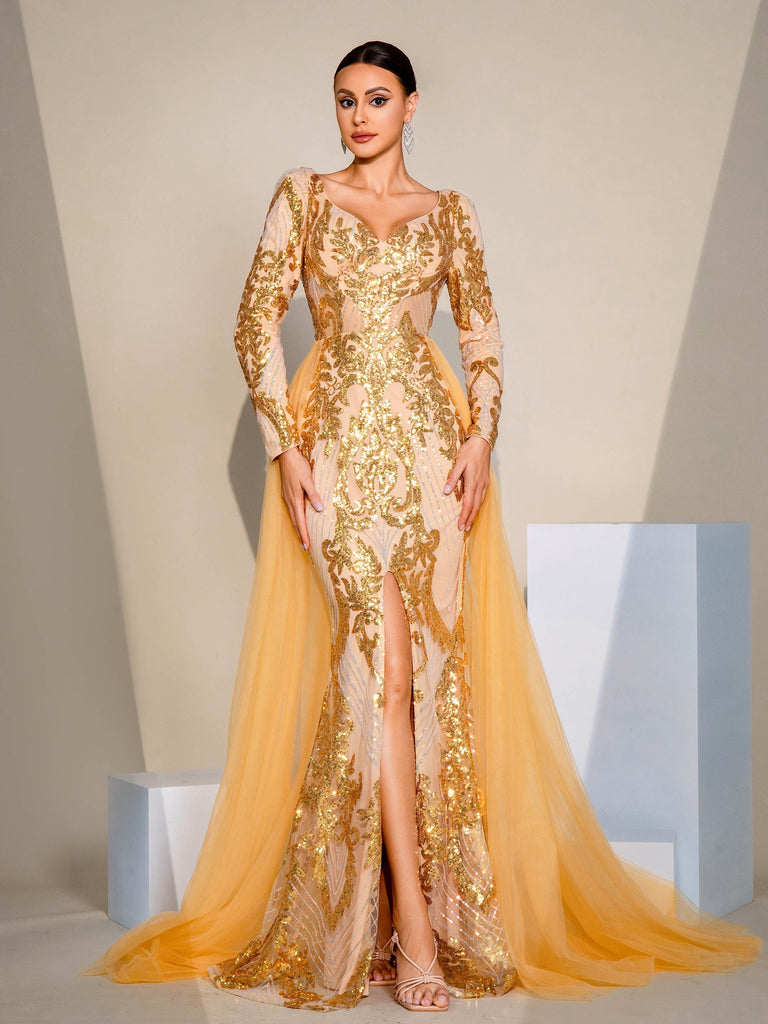 Long-Sleeve Gold Embroidery Mermaid Prom Dress With Slit US4 Long-Sleeve Gold Embroidery Mermaid Prom Dress With Slit US4